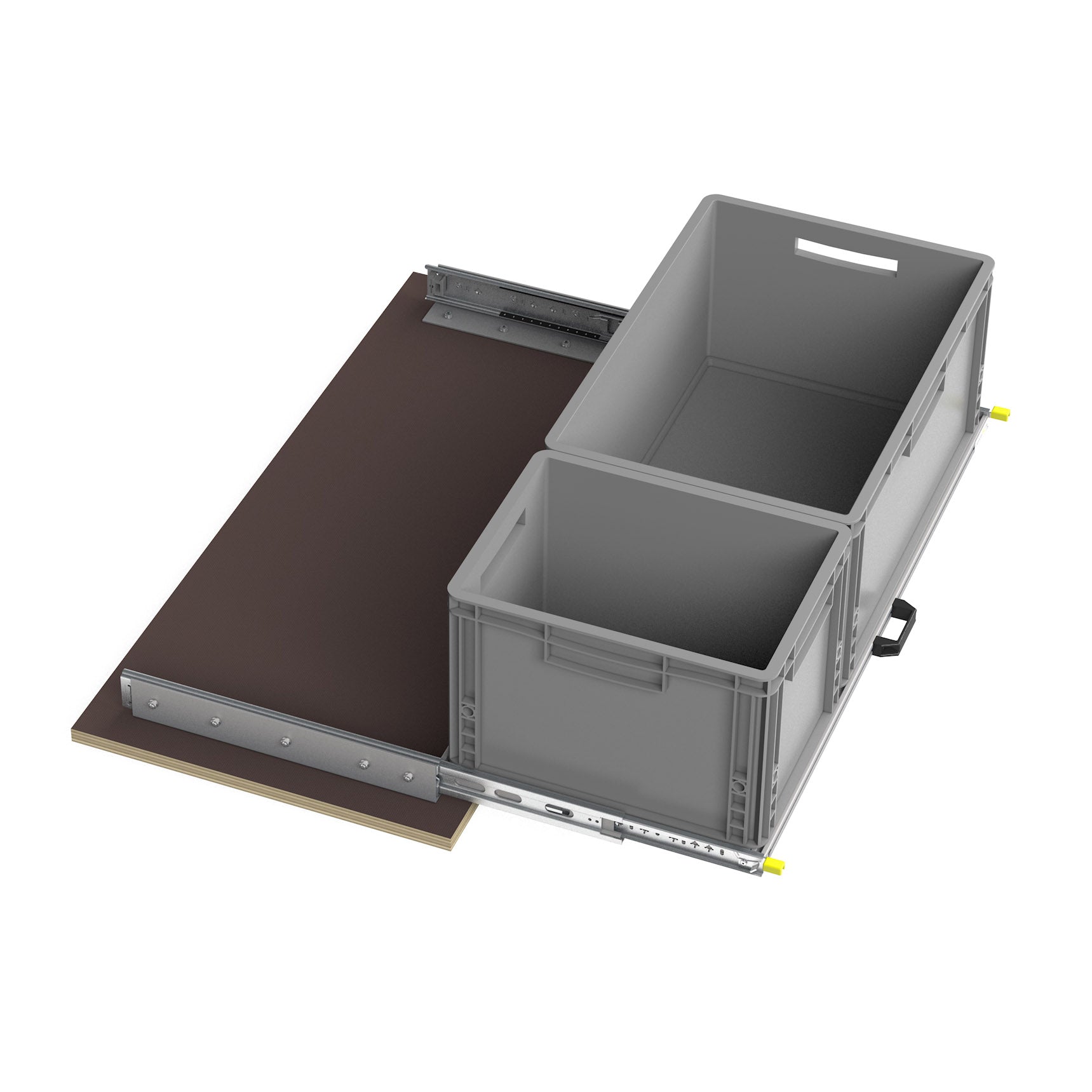 Heckauszug mit Montageprofilen und Eurobox Format 400mm x 900mm von CamperXL.